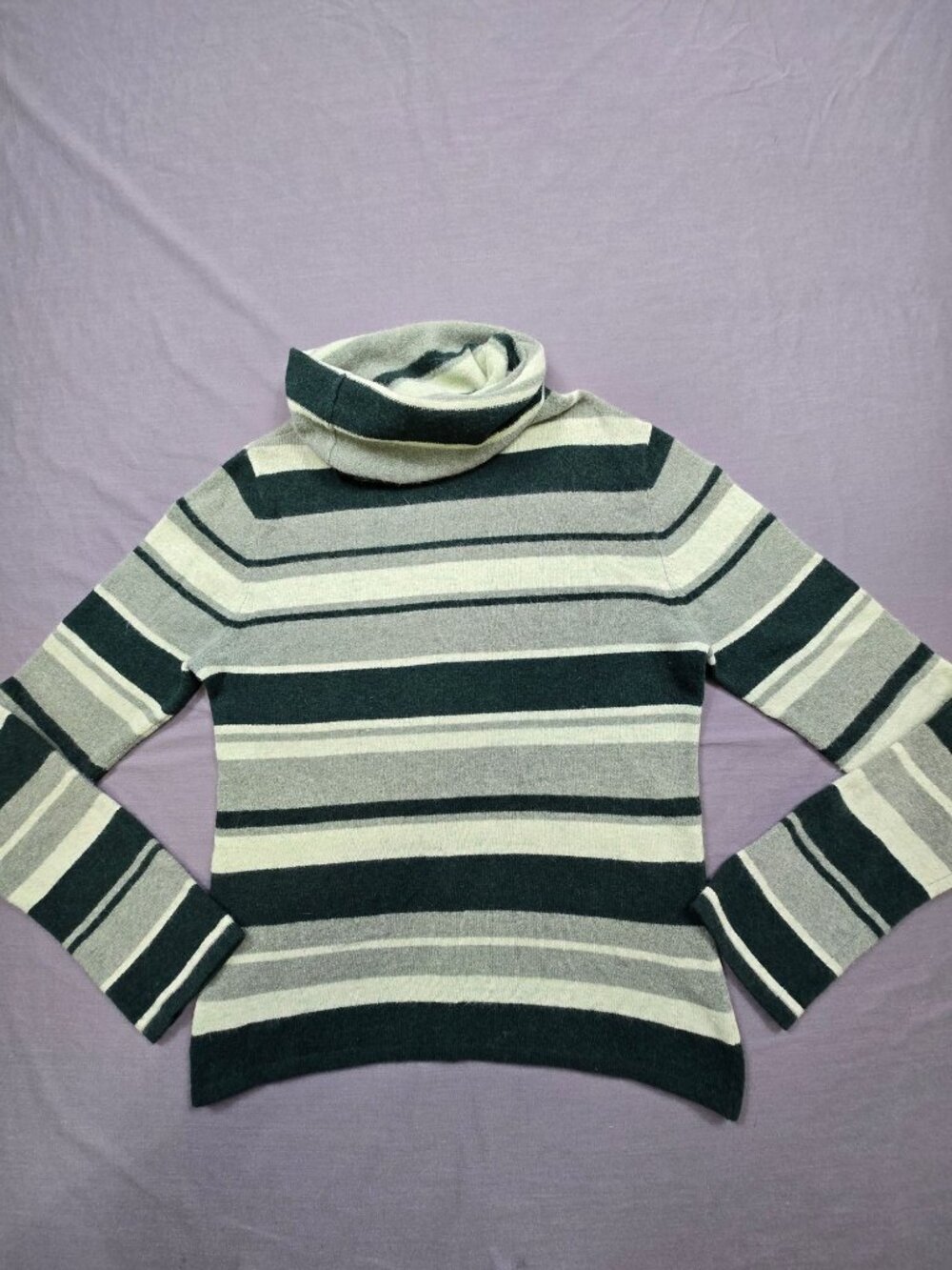 American Eagle Medium Sweater Striped Green Turtleneck Wool Angora